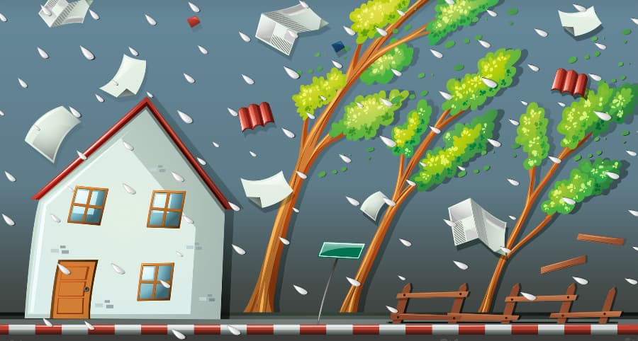 Graphic of a storm affecting a home and the immediate surroundings