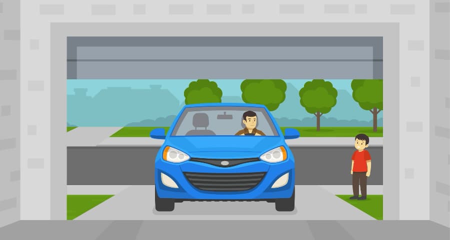 Graphic of a resident driving into his garage with a child looking on.